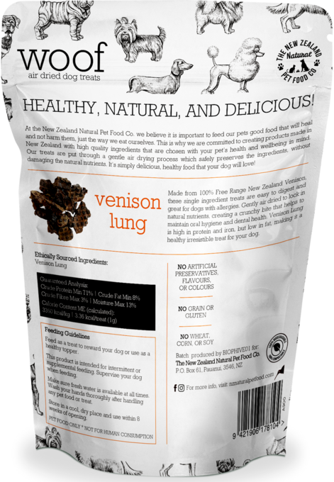 The NZ Natural Pet Food Co Woof Venison Lung Dog Treats - Product Image 1