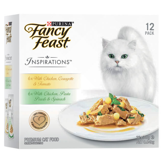 Fancy Feast Inspirations Chicken Courgette & Tomato and Chicken Pasta Pearls & Spinach Wet Cat Food Pack - Product Image