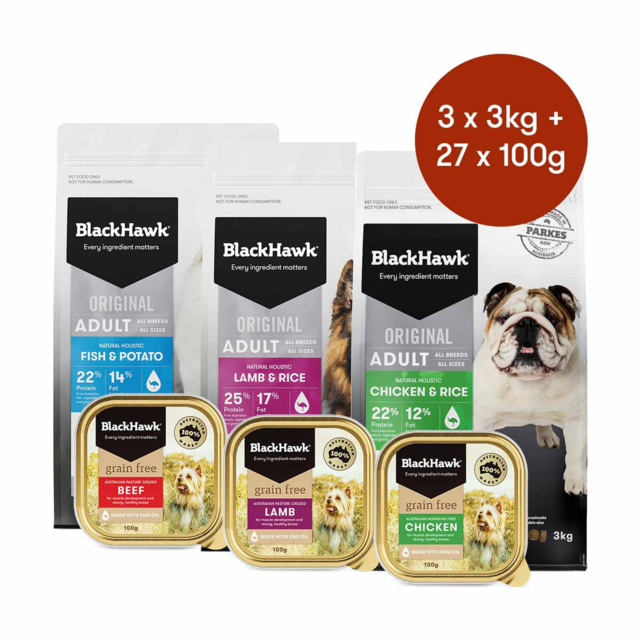 Black Hawk Adult Mega Pack Mixed Flavours Wet & Dry Dog Food  Bundle - Product Image