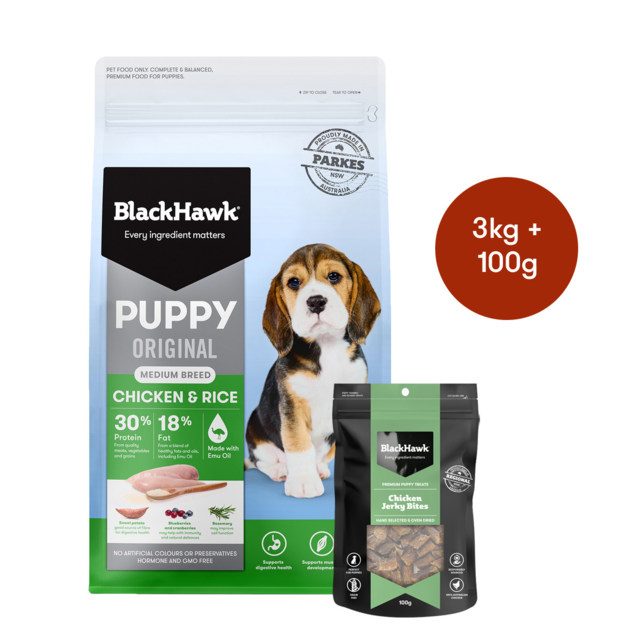 Black Hawk Original Medium Breed Puppy Chicken & Rice Food & Treat Bundle - Product Image