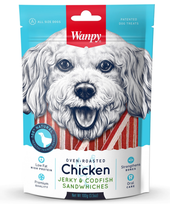 Wanpy Oven Roasted Chicken Jerky & Codfish Sandwiches Dog Treats - Product Image