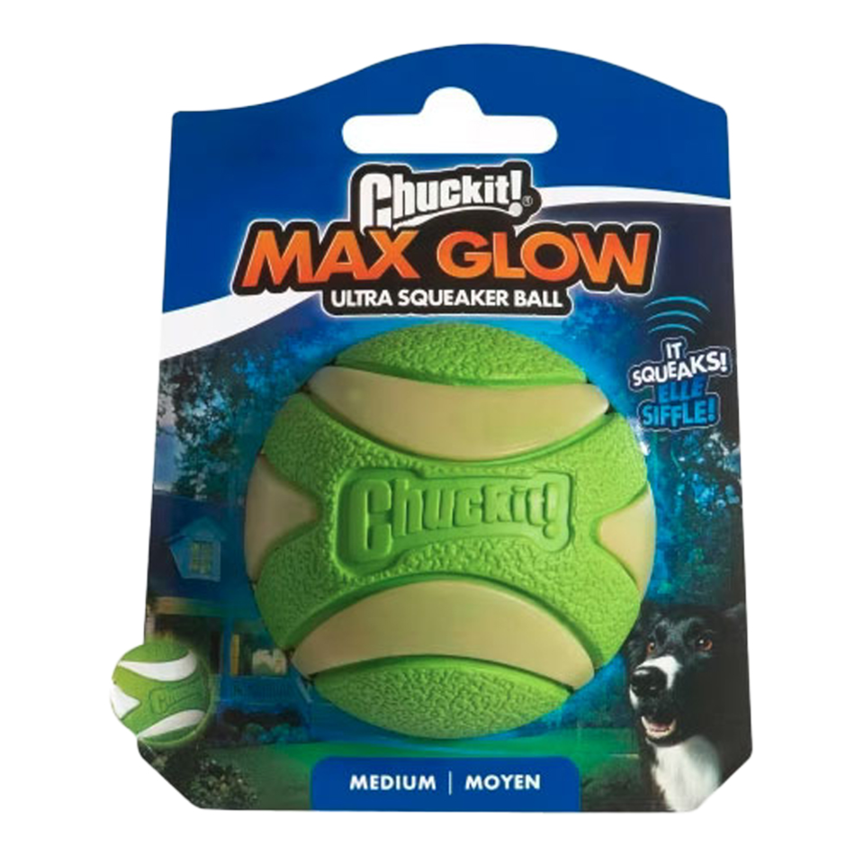 Chuckit! Max Glow Ultra Squeaker Ball Dog Toy Petdirect