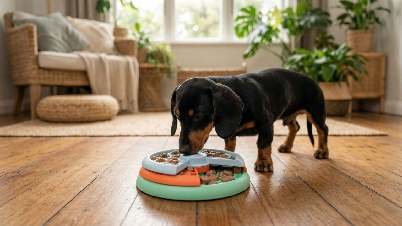 Dog working on Nina Ottosson Lickin Layers Puzzle