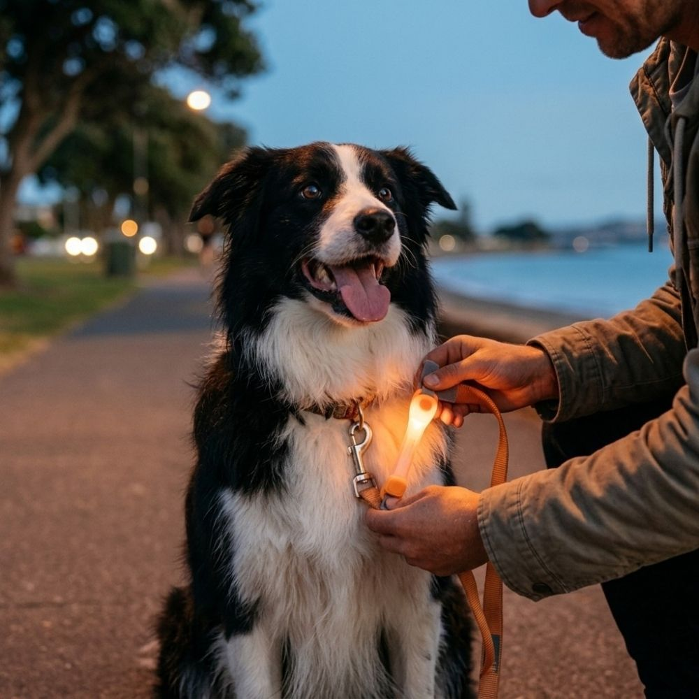 Dog wearing M-PETS Flash LED Band on evening walk