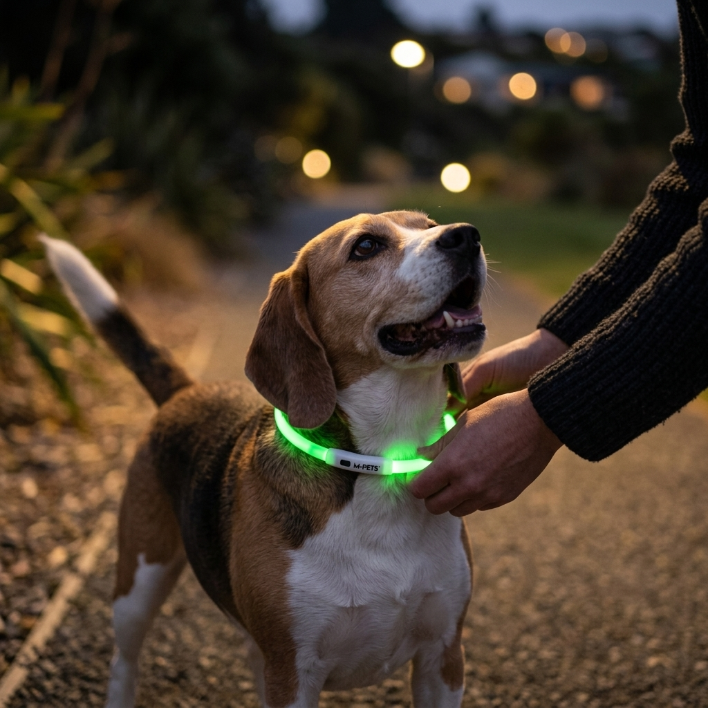 Dog wearing M-PETS Flash LED Rechargeable Collar at dusk