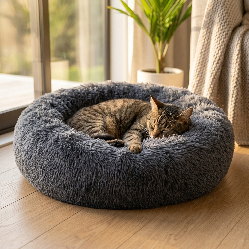Pet curled up in Pup and Purr Dreamy Paws Bed